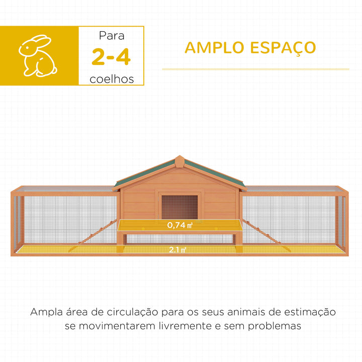 Coelheira de Madeira 309x79x86 cm Coelheira de Exterior Grande para 2-4 Coelhos 2 Cercados Bandeja Amovível Teto Asfáltico 2 Rampas Madeira