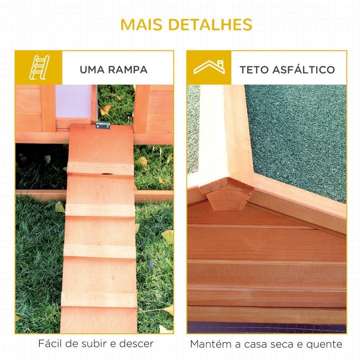 Coelheira de Madeira 309x79x86 cm Coelheira de Exterior Grande para 2-4 Coelhos 2 Cercados Bandeja Amovível Teto Asfáltico 2 Rampas Madeira