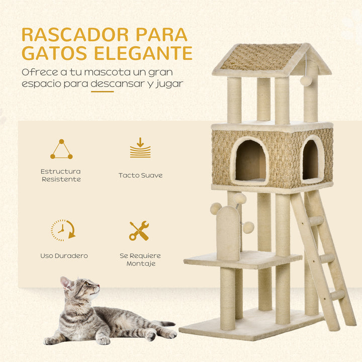 Árvore Arranhadora para Gatos Grande Altura 131cm com Caverna Postes de Sisal Natural Plataformas Bola Suspensa e Moinho de Vento de Brinquedo 69x40x131cm Bege