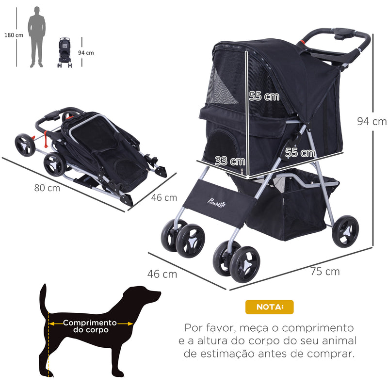 Carrinho dobrável para animais de estimação 84x48x95cm Rodas para carrinho de gato para cão Girar 360º com freio