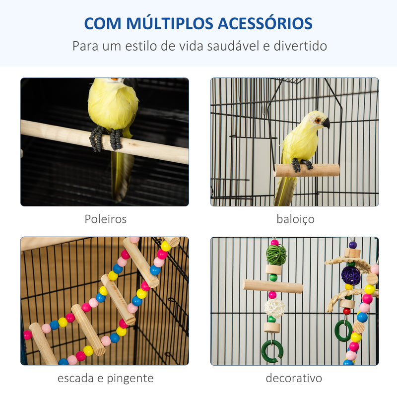 Gaiola para Passáros Gaiola de Metal com Múltiplas Portas 4 Comedouros 3 Poleiros Baloiço Escadas e Bandeja Removível para Periquitos Canários 46x36x100cm Preto