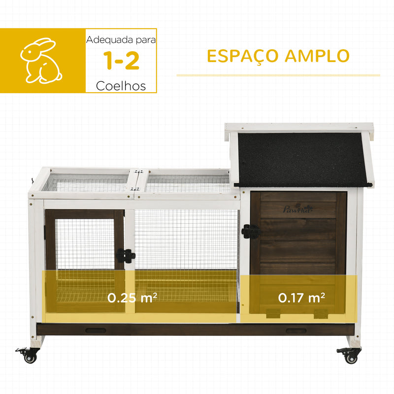 Coelheira de Madeira com Rodas 108x58x73,5cm Gaiola para 1-2 Coelhos com Teto Abatível Cerca Metálica Bandeja Amovível Portas com Trava e Rampa Marrom Café e Branco