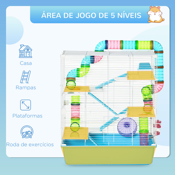 Gaiola para Hámster Grande 59x36x69cm Gaiola para Roedores com 4 Plataformas Tubos Comedouro Bebedouro 4 Rampas Roda de Exercícios e 2 Alças Portáteis Multicor