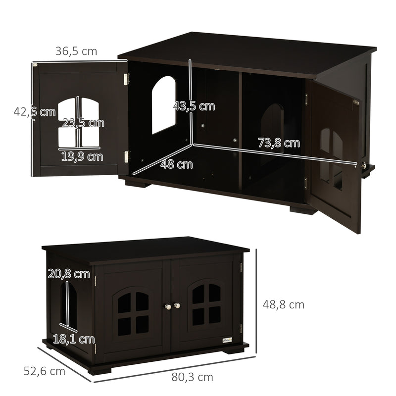 Casa para Gatos de Madeira Móvel para Caixa de Areia para Gatos 2 em 1 com Armário de Armazenamento Ampla Bancada 2 Portas com Janelas e Orifício de Entrada Lateral 80,3x52,6x48,8 cm Café