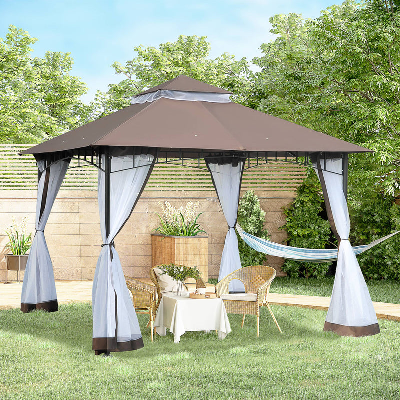 Pérgola de Jardim 295x295x270 cm Pérgola com Teto Duplo e Rede Mosquiteira com Zíper para Eventos Festas Casamentos Marrom e Branco