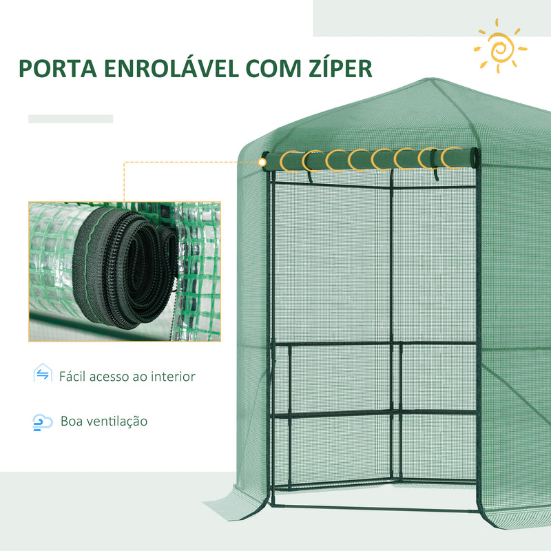 Estufa de Jardim Hexágono 194x194x215cm Estufa com 6 Prateleiras Porta Enrolável e Estrutura de Aço Galvanizado para Cultivos de Plantas Vasos de Flores Verde