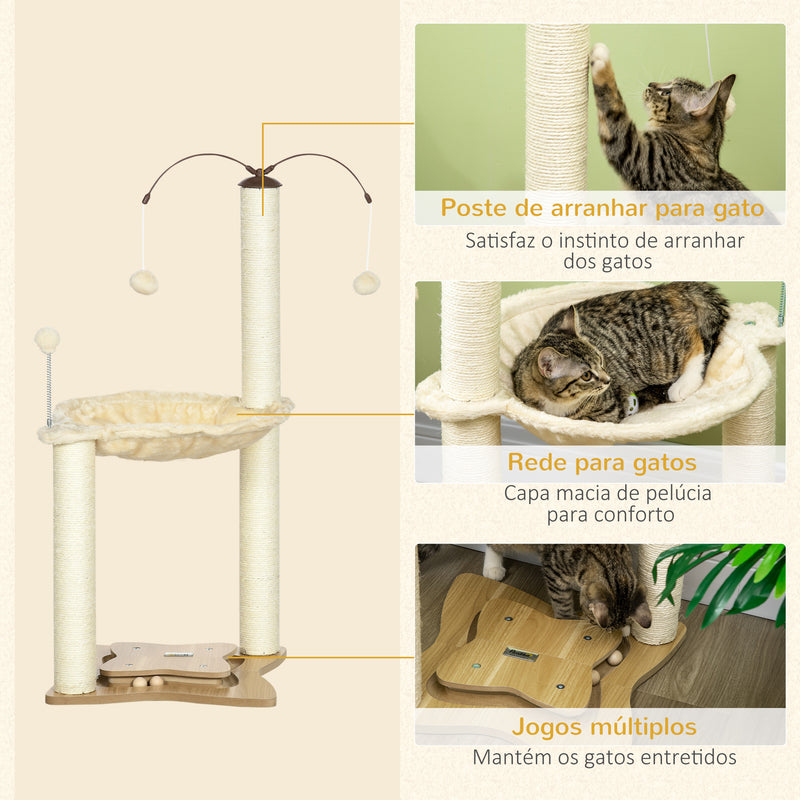 Árvore Arranhador para Gatos com Rede Postes de Sisal Altura 90cm Torre para Gatos com Bolas Suspensas Giratórias e Múltiplos Jogos 53,5x53,5x90cm Bege