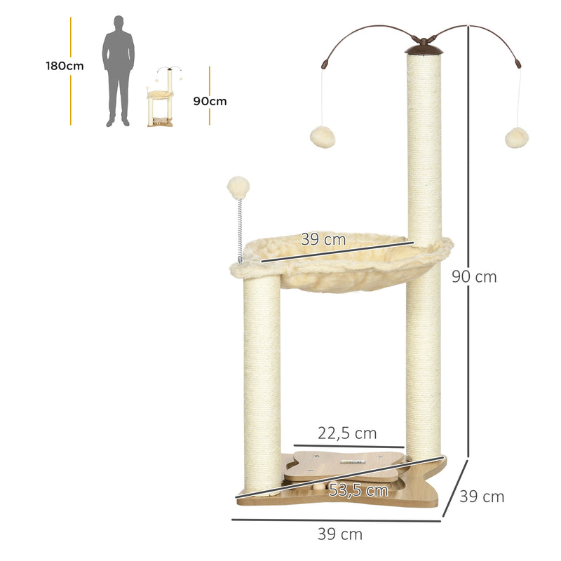 Árvore Arranhador para Gatos com Rede Postes de Sisal Altura 90cm Torre para Gatos com Bolas Suspensas Giratórias e Múltiplos Jogos 53,5x53,5x90cm Bege