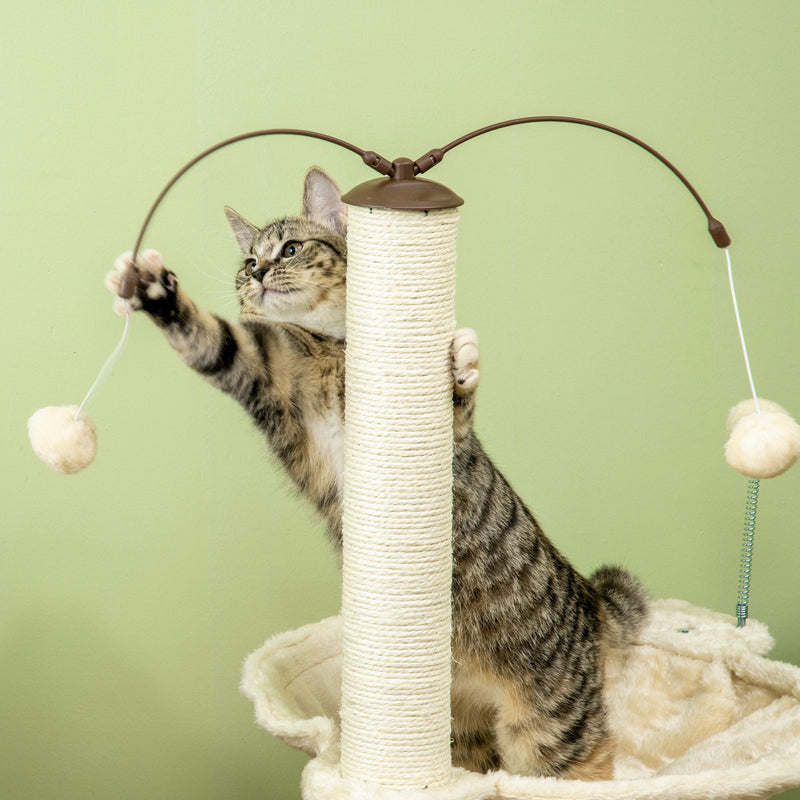 Árvore Arranhador para Gatos com Rede Postes de Sisal Altura 90cm Torre para Gatos com Bolas Suspensas Giratórias e Múltiplos Jogos 53,5x53,5x90cm Bege