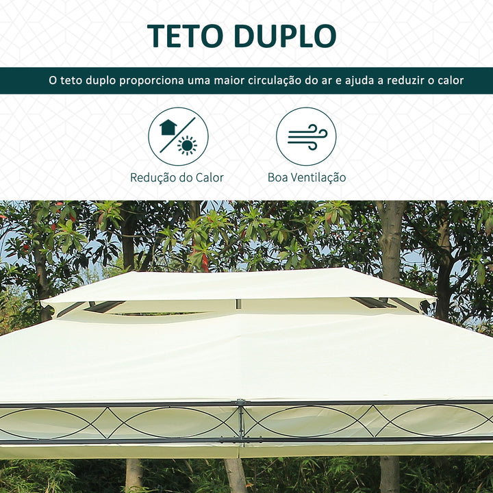 Pérgola de Jardim 4x3m Pérgola com Teto Duplo Respirável com 4 Cortinas Laterais Removíveis Estrutura de Aço para Festas Casamentos Eventos Creme
