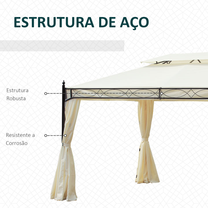 Pérgola de Jardim 4x3m Pérgola com Teto Duplo Respirável com 4 Cortinas Laterais Removíveis Estrutura de Aço para Festas Casamentos Eventos Creme
