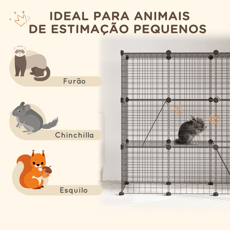 Recinto para Animais Pequenos com 31 Painéis Recinto para Animais de Estimação Personalizável com Rampa Portas para Cobaias Coelhos Chinchilas 105x45x105 cm Preto