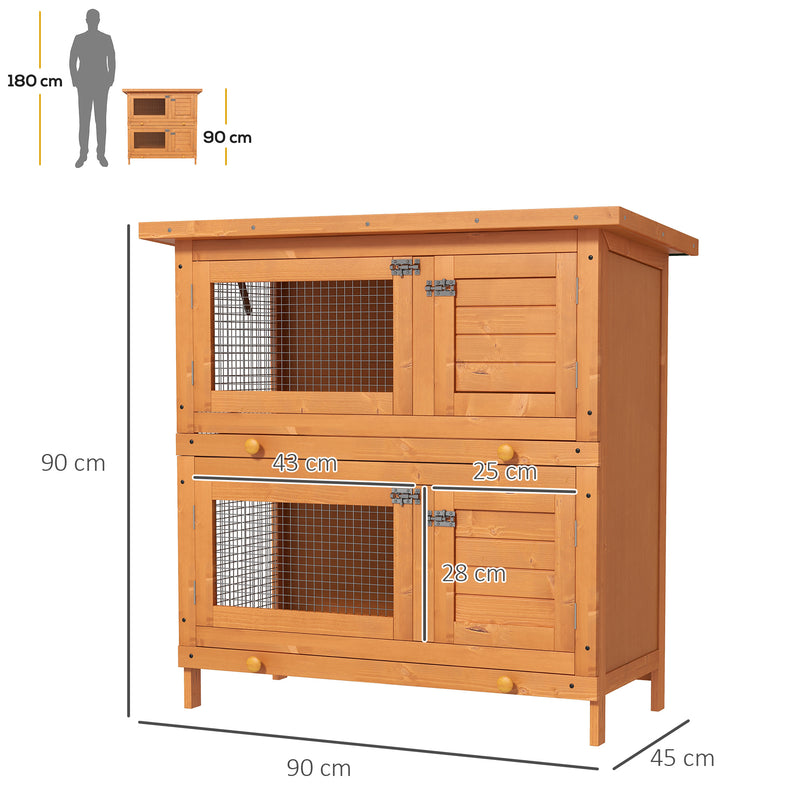 Coelheira de Madeira Exterior de 2 Níveis Gaiola para 1-2 Coelhos Animais Pequenos com Teto Asfáltico Dobrável e 2 Bandejas Removíveis 90x45x90cm Madeira