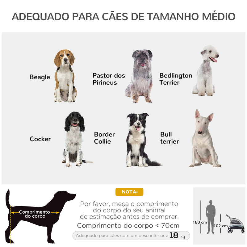 Carrinho para Animais de Estimação Dobrável com 5 Janelas Transpiráveis 2 Portas Bolso de Armazenamento Cinto de Segurança e Freios Tecido Oxford 107x72x102cm Cinza