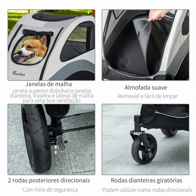 Carrinho para Animais de Estimação Dobrável com 5 Janelas Transpiráveis 2 Portas Bolso de Armazenamento Cinto de Segurança e Freios Tecido Oxford 107x72x102cm Cinza