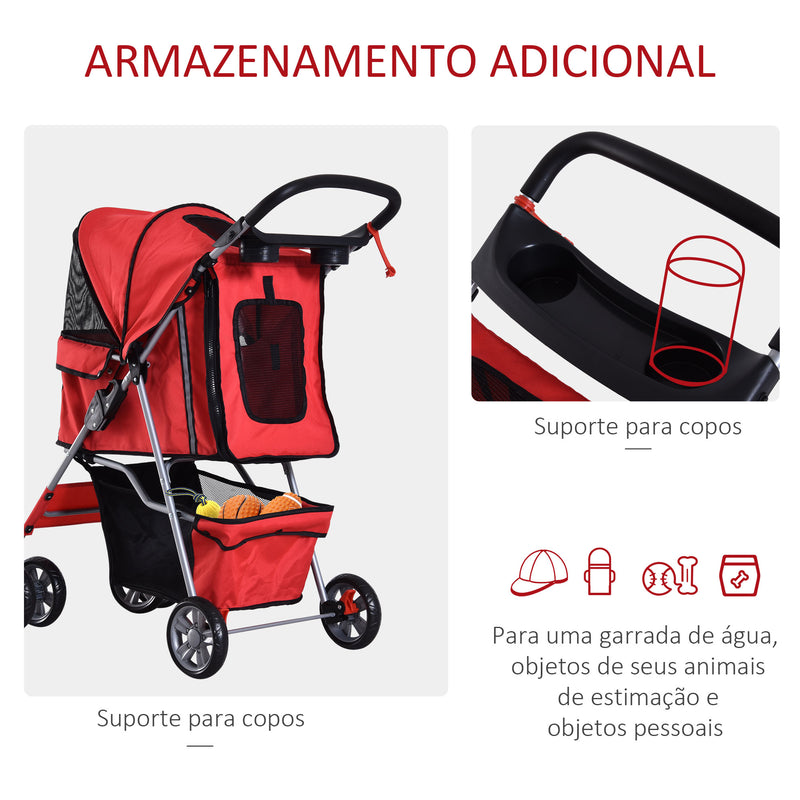 Carrinho de Passeio Animais de Estimação Vermelho Dobrável 75x45x97 cm