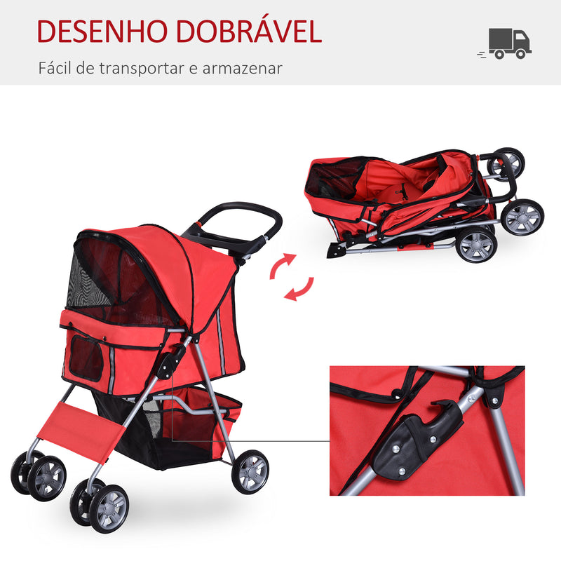 Carrinho de Passeio Animais de Estimação Vermelho Dobrável 75x45x97 cm