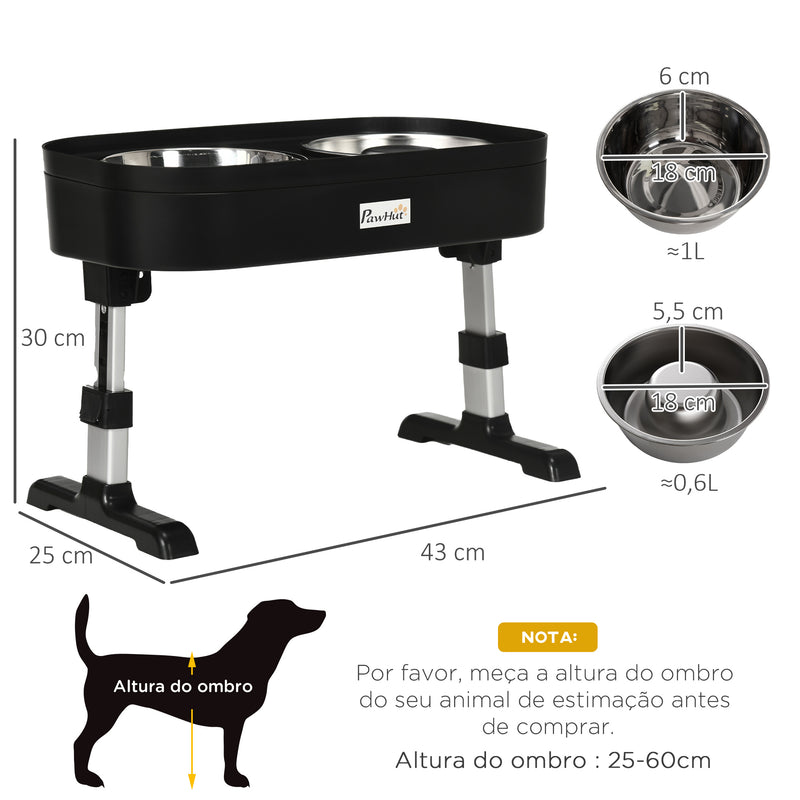 Comedouro Elevado para Cães com 4 Alturas Ajustáveis Comedouro Duplo para Cães com Tigela de 1000 ml e Comedouro Lento de 600 ml de Aço Inoxidável 43x25x30 cm Preto