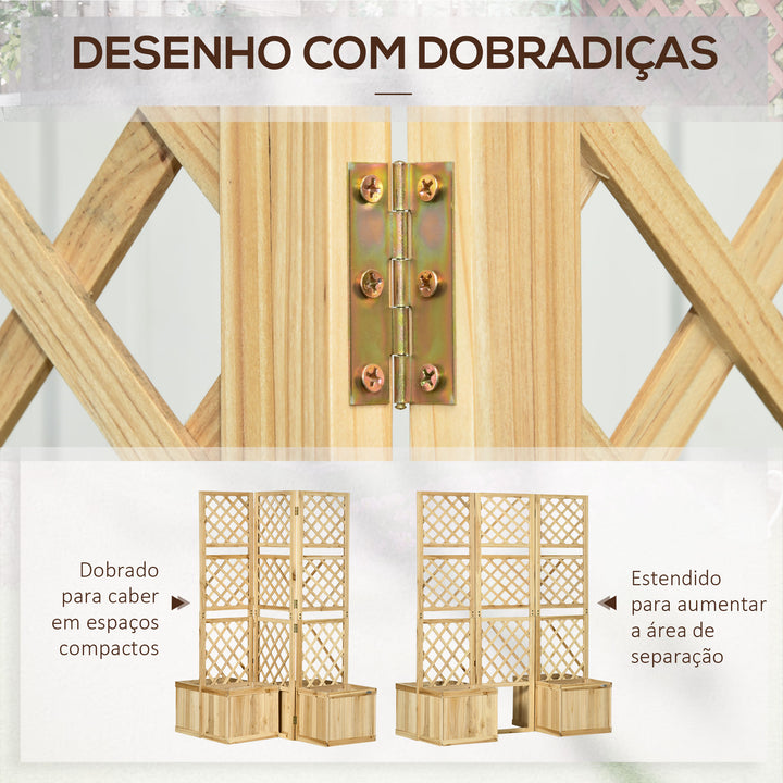 Biombo Exterior com 3 Painéis de Madeira e 4 Floreiras Ecrã de Privacidade de Jardim com Floreira Orifícios de Drenagem Separador de Ambientes para Varanda Pátio 133x62x165cm Madeira