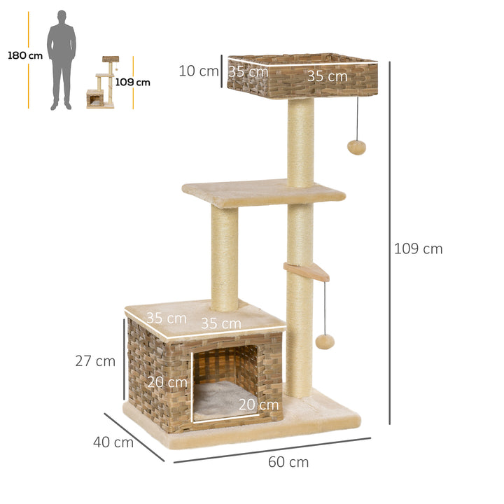 Árvore arranhador para gatos com plataformas, caverna, camas, bolas de jogo e postes de sisal 60x40x109 cm bege e marrom