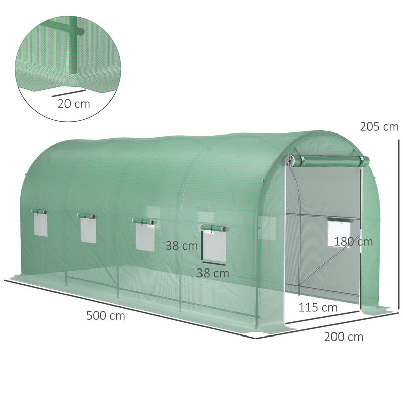 Estufa tipo Túnel 500x200x205 cm Estufa de Jardim com Porta Enrolável e 8 Janelas Cobertura de PE 140 g/m² Estrutura de Metal para Cultivo de Plantas Verduras Verde