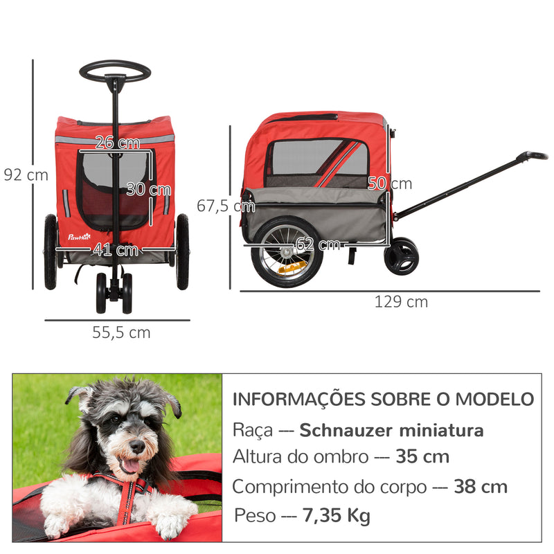 Reboque de Bicicleta para Cães 2 em 1 Carrinho para Animais de Estimação com Cinto de Segurança Guiador de Empurre Removível Bandeira e Refletores Carga Máxima 10kg 129x55,5x92cm Vermelho