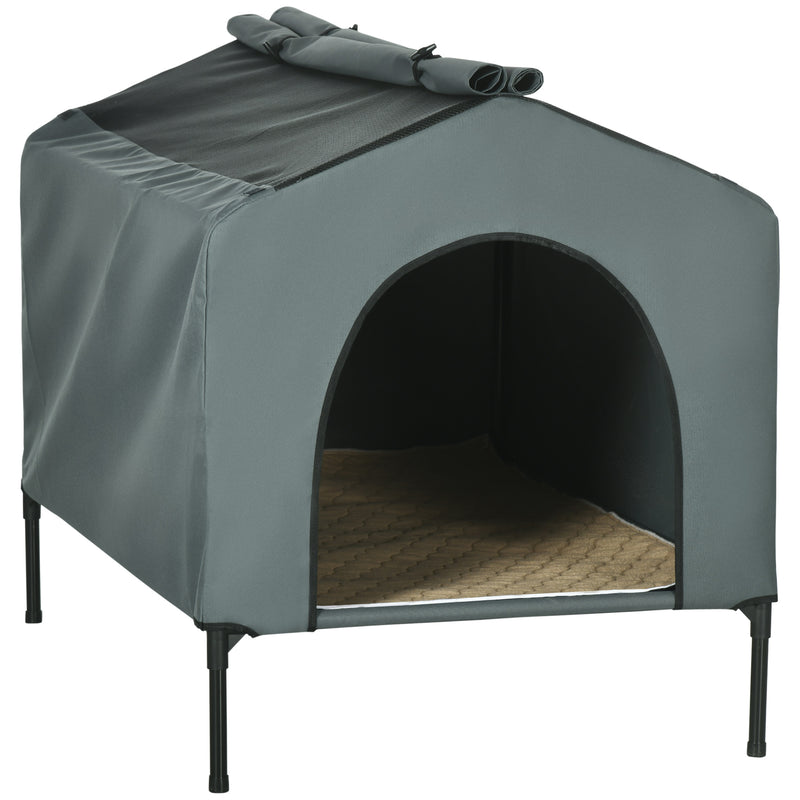 Casa para Cães com Cobertura Exterior 110x75x87 cm Cama Elevada para Animais de Estimação com Almofada e Janelas de Malha para Cães Grandes Cinza