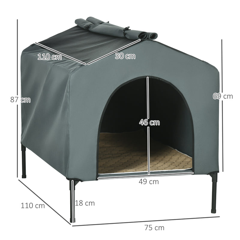 Casa para Cães com Cobertura Exterior 110x75x87 cm Cama Elevada para Animais de Estimação com Almofada e Janelas de Malha para Cães Grandes Cinza