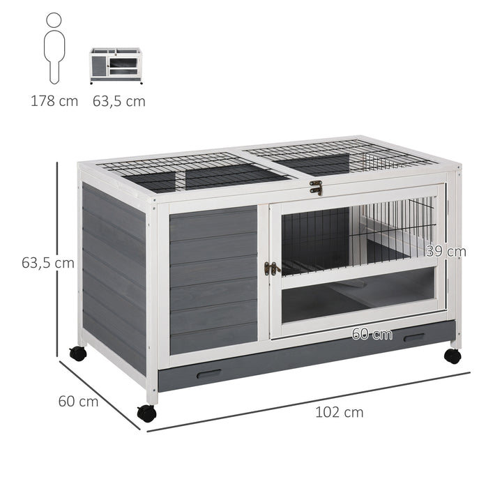 Coelheira de madeira para animais de estimação pequenos 2 andares com rampa rodas bandeja removível 102x60x63,5 cm Cinza branco