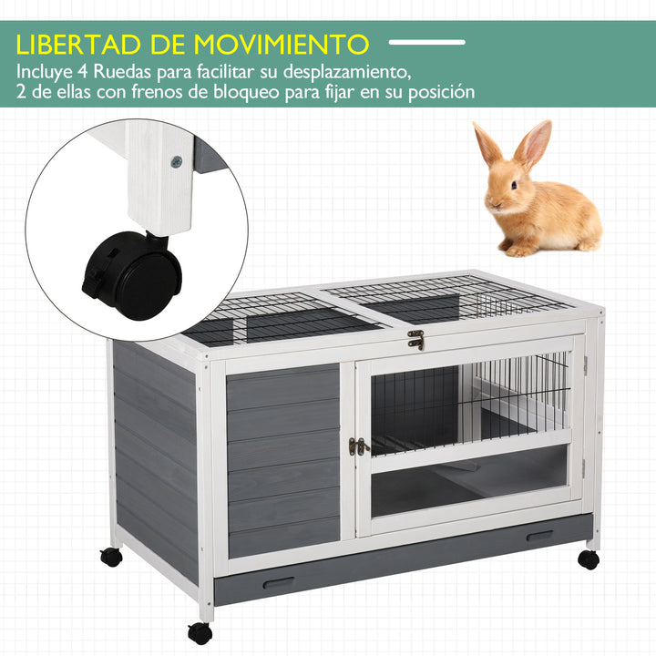 Coelheira de madeira para animais de estimação pequenos 2 andares com rampa rodas bandeja removível 102x60x63,5 cm Cinza branco