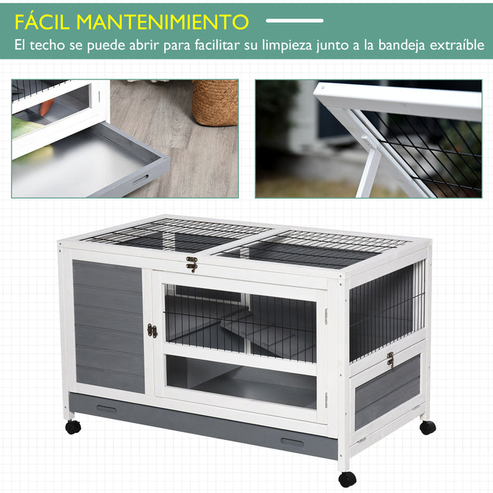 Coelheira de madeira para animais de estimação pequenos 2 andares com rampa rodas bandeja removível 102x60x63,5 cm Cinza branco