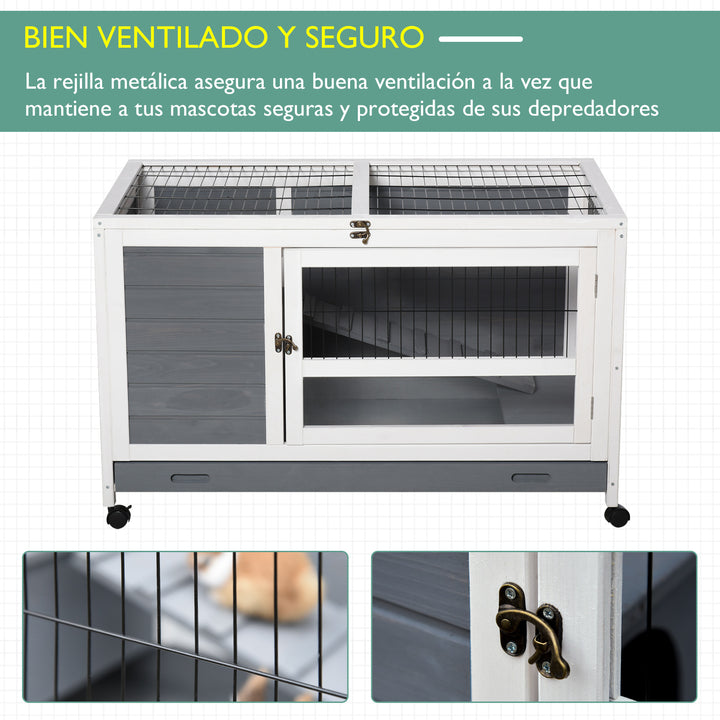 Coelheira de madeira para animais de estimação pequenos 2 andares com rampa rodas bandeja removível 102x60x63,5 cm Cinza branco