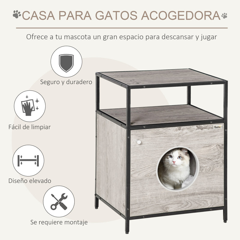 Casa para Gatos de Madeira com Aparência de Mesa Auxiliar com 2 Prateleiras de Armazenamento Caverna para Gatos com Almofada Removível e Lavável 48x40x65,5cm Carvalho