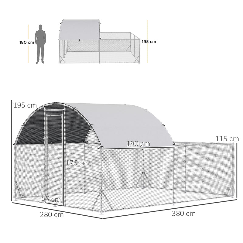 Galinheiro de Exterior Grande 380x280x195cm Gaiola para 10-12 Galinhas de Aço Galvanizado com 2 Ambientes Teto com Cobertura de Tecido e Cerca para Coelhos Patos Prata