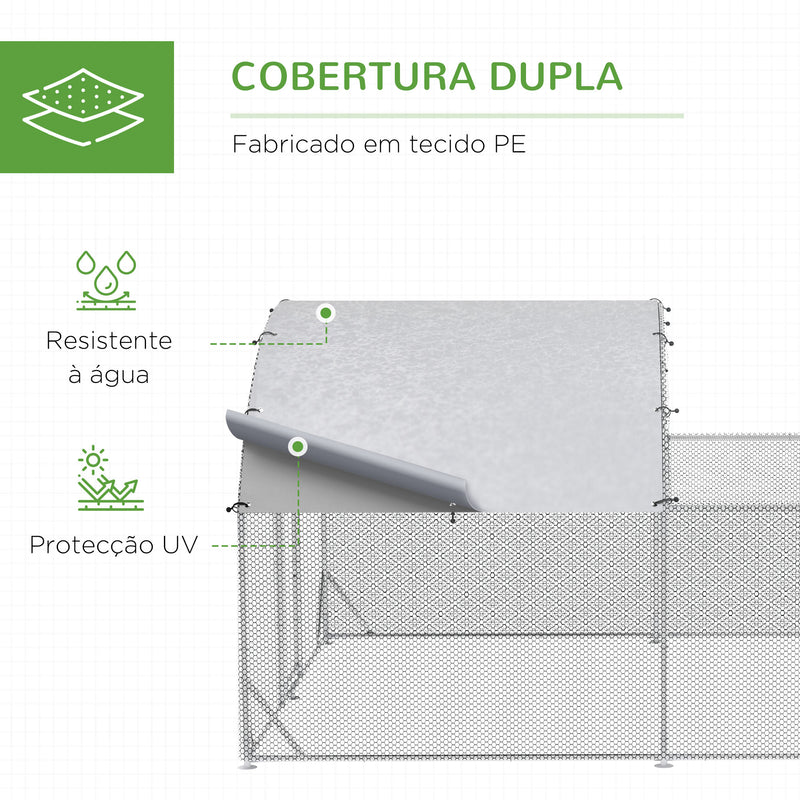 Galinheiro de Exterior Grande 380x280x195cm Gaiola para 10-12 Galinhas de Aço Galvanizado com 2 Ambientes Teto com Cobertura de Tecido e Cerca para Coelhos Patos Prata