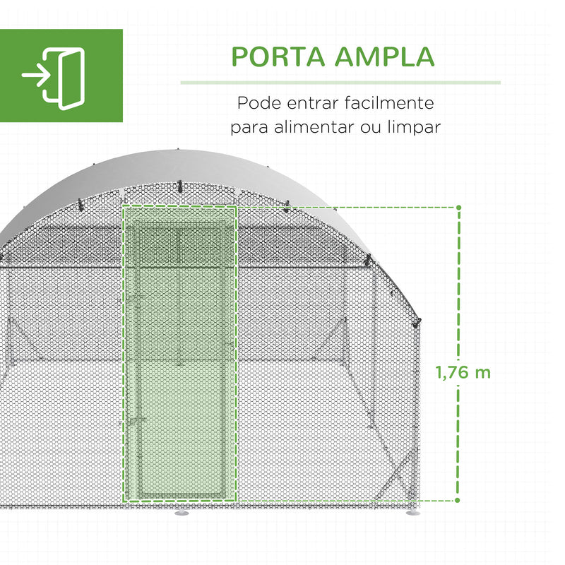 Galinheiro de Exterior Grande 380x280x195cm Gaiola para 10-12 Galinhas de Aço Galvanizado com 2 Ambientes Teto com Cobertura de Tecido e Cerca para Coelhos Patos Prata