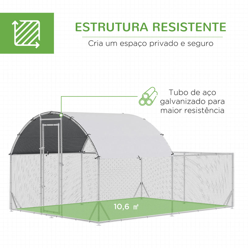 Galinheiro de Exterior Grande 380x280x195cm Gaiola para 10-12 Galinhas de Aço Galvanizado com 2 Ambientes Teto com Cobertura de Tecido e Cerca para Coelhos Patos Prata