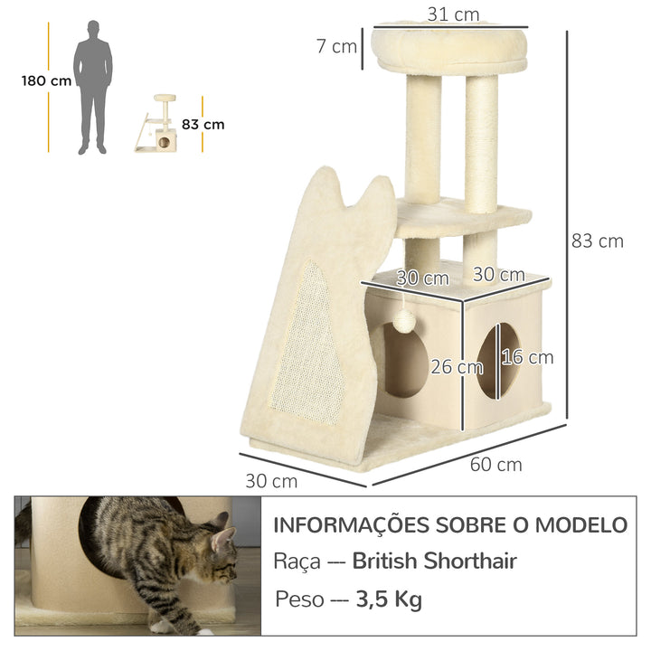 Árvore Arranhador para Gatos Pequenos Altura 83cm Torre para Gatos com Cama Caverna Plataforma Bola Suspensa Postes e Rampa de Sisal 60x30x83cm Bege