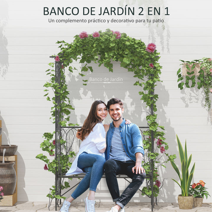 Arco de jardim com banco de metal suporte para plantas trepadeiras e rosas para varanda 115x50x203 cm Preto