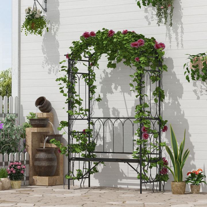 Arco de jardim com banco de metal suporte para plantas trepadeiras e rosas para varanda 115x50x203 cm Preto