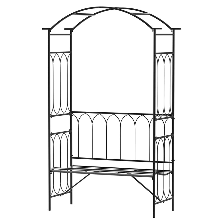 Arco de jardim com banco de metal suporte para plantas trepadeiras e rosas para varanda 115x50x203 cm Preto
