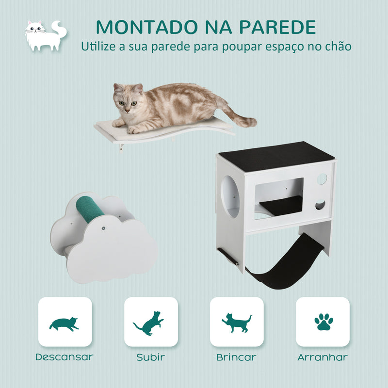 Prateleiras de Parede para Gatos com 3 Peças Centro de Atividades para Gatos com Caverna Rede Plataformas Almofadas Suaves e Poste de Sisal Branco e Preto