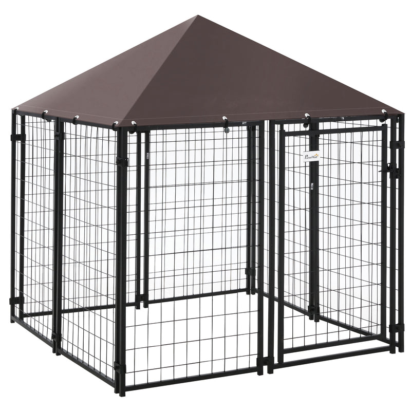 Parque para Animais de Estimação com Teto 141x141x153cm Canil para Cães de Jardim com Malha de Metal e Porta com Fechadura para Pátio Varanda Preto