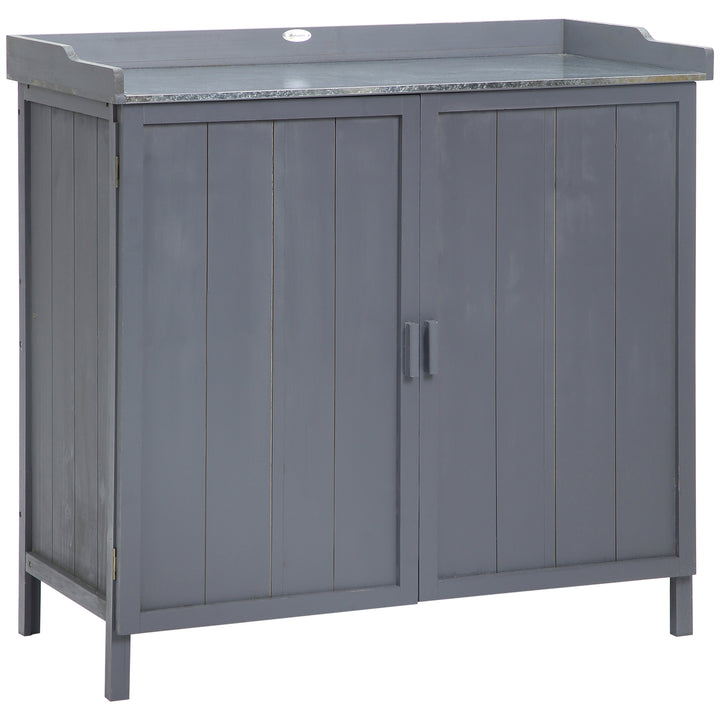 Armário de Jardim de Madeira com Mesa de Plantação Armário de Exterior com 2 Portas com Fechadura Magnética e 2 Prateleiras para Terraço Balcão 98x48x95,5cm Cinza