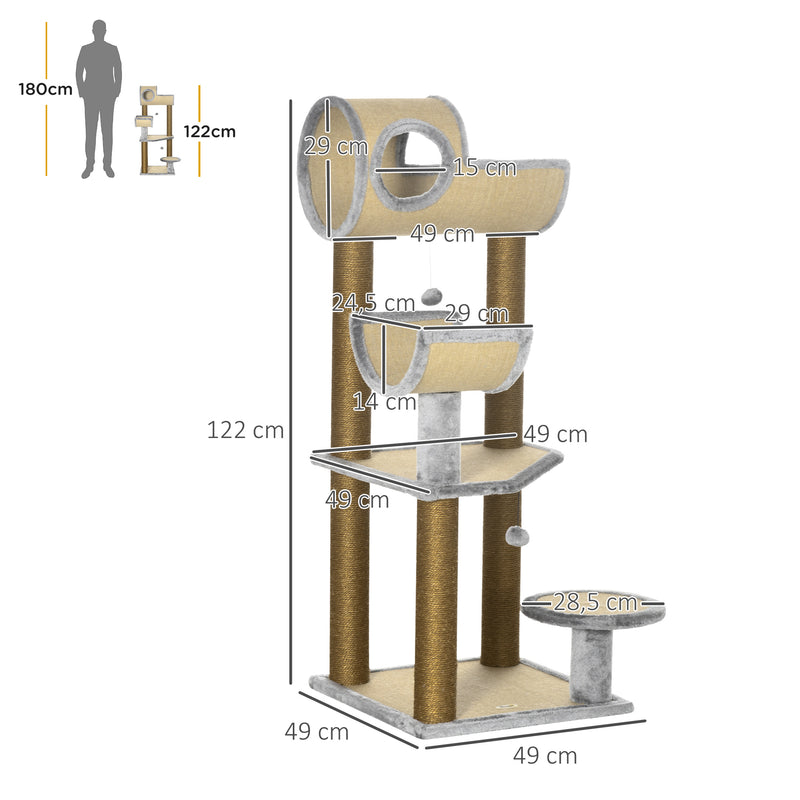 Árvore Arranhador para Gatos de 122cm Torre de Arranhar para Gatos com Múltiplas Camas Plataforma Bolas Suspensas e Poste de Sisal 49x49x122cm Marrom