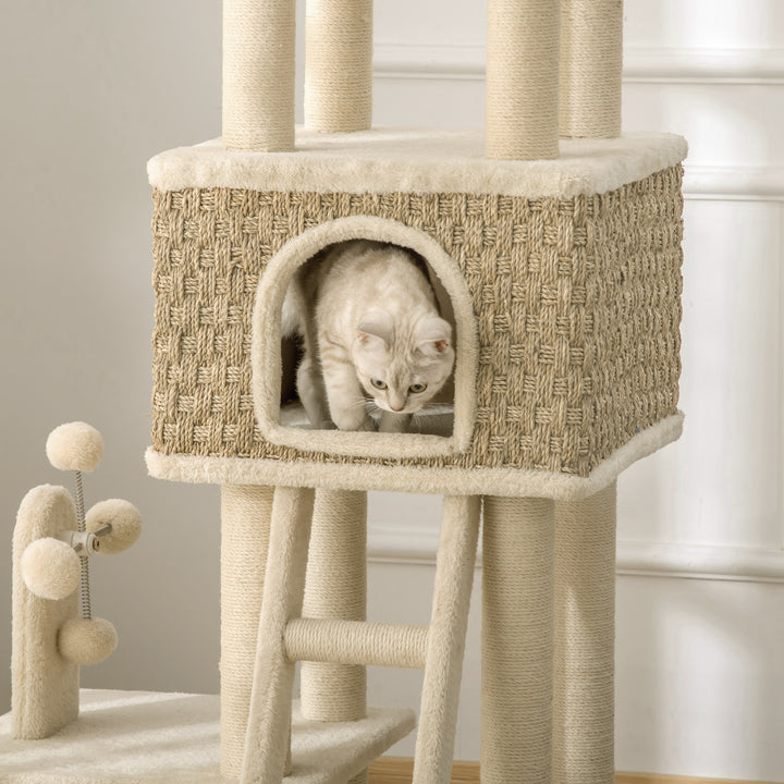 Árvore Arranhadora para Gatos Grande Altura 131cm com Caverna Postes de Sisal Natural Plataformas Bola Suspensa e Moinho de Vento de Brinquedo 69x40x131cm Bege