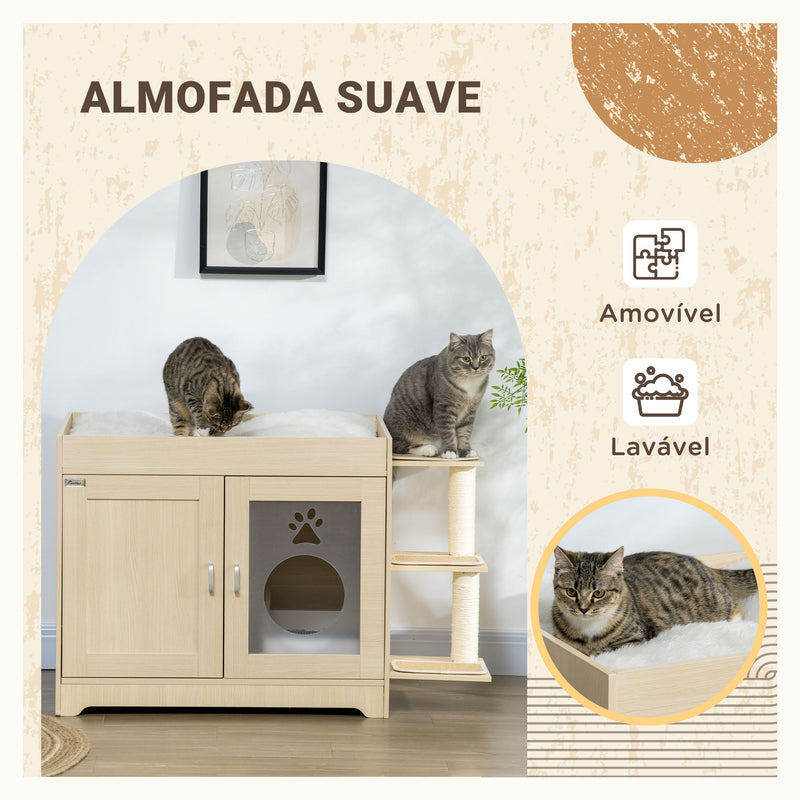 Caixa de Areia para Gatos de Madeira com 2 Portas Móvel para Caixa de Areia com Cama Almofada Suave 3 Plataformas e Postes de Sisal 107x54x70cm Carvalho