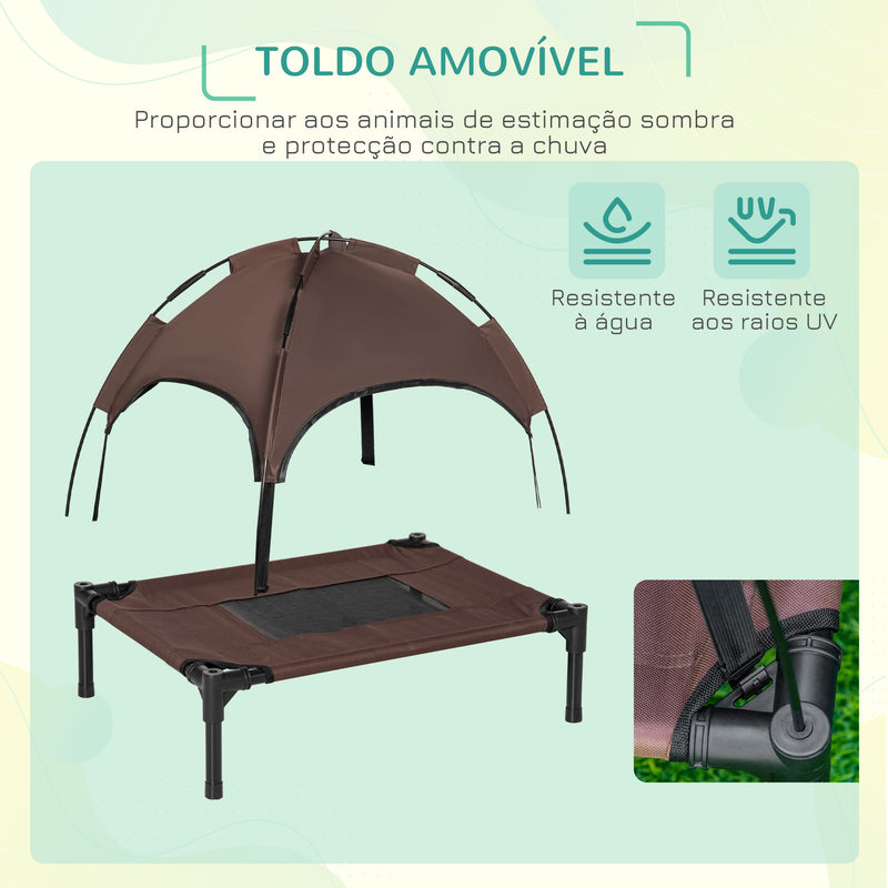 Cama Elevada para Animais de Estimação Portátil com Toldo Amovível Tecido Respirável para Interior e Exterior 61x46x62 cm Marrom