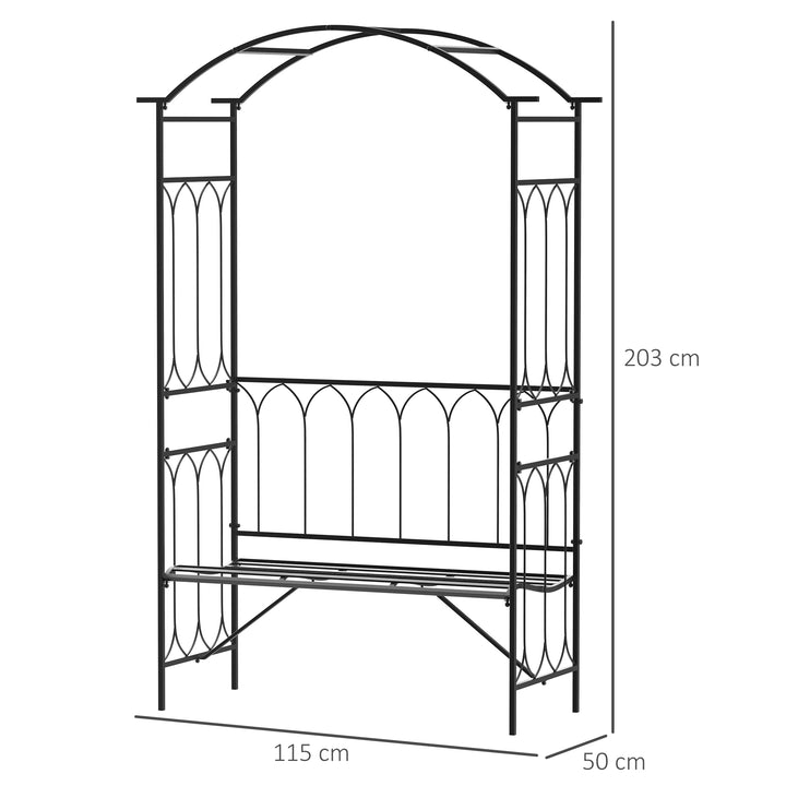 Arco de jardim com banco de metal suporte para plantas trepadeiras e rosas para varanda 115x50x203 cm Preto