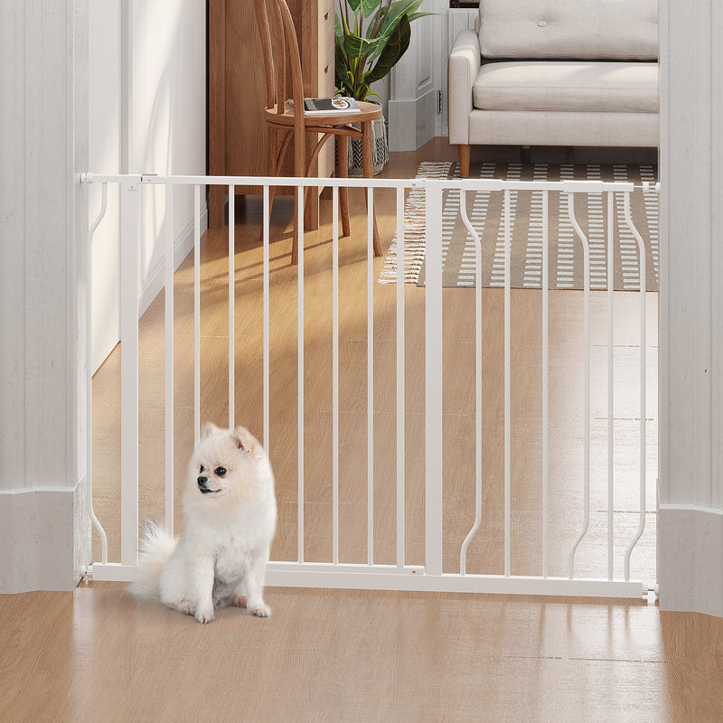 Barreira de Segurança para Cães Extensível para Escadas e Portas 75-115cm com 2 Extensões e 10-20cm Montagem a Pressão Aço Altura 76cm Branco